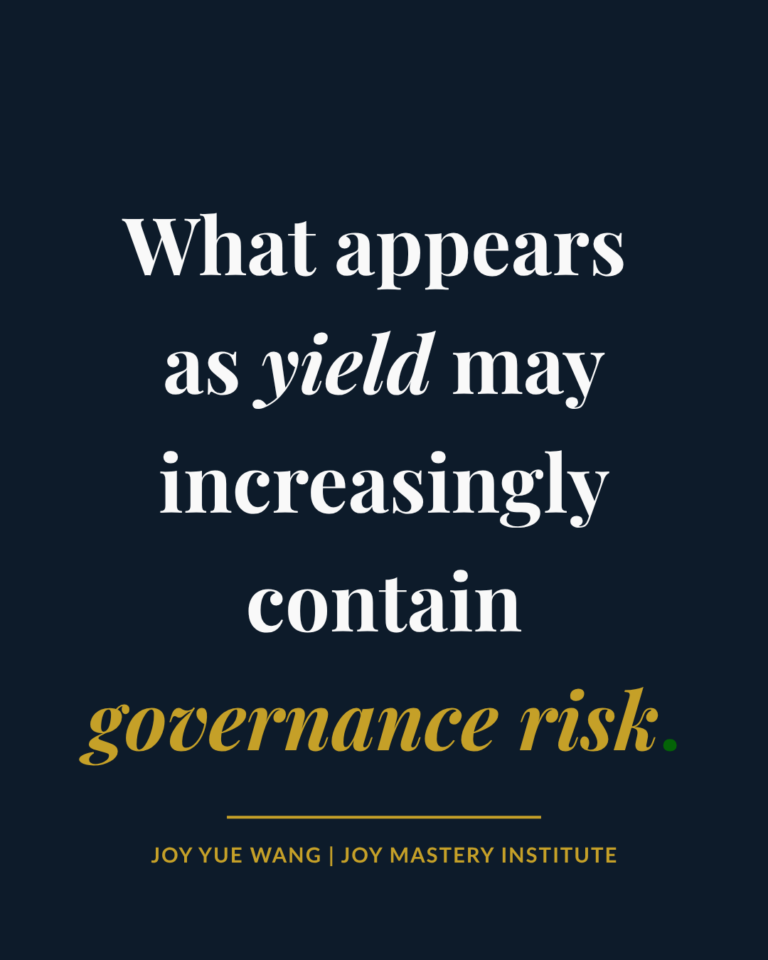 Quote card on navy background: ‘What appears as yield may increasingly contain governance risk’ — Joy Yue Wang on private credit, governance, and AI.