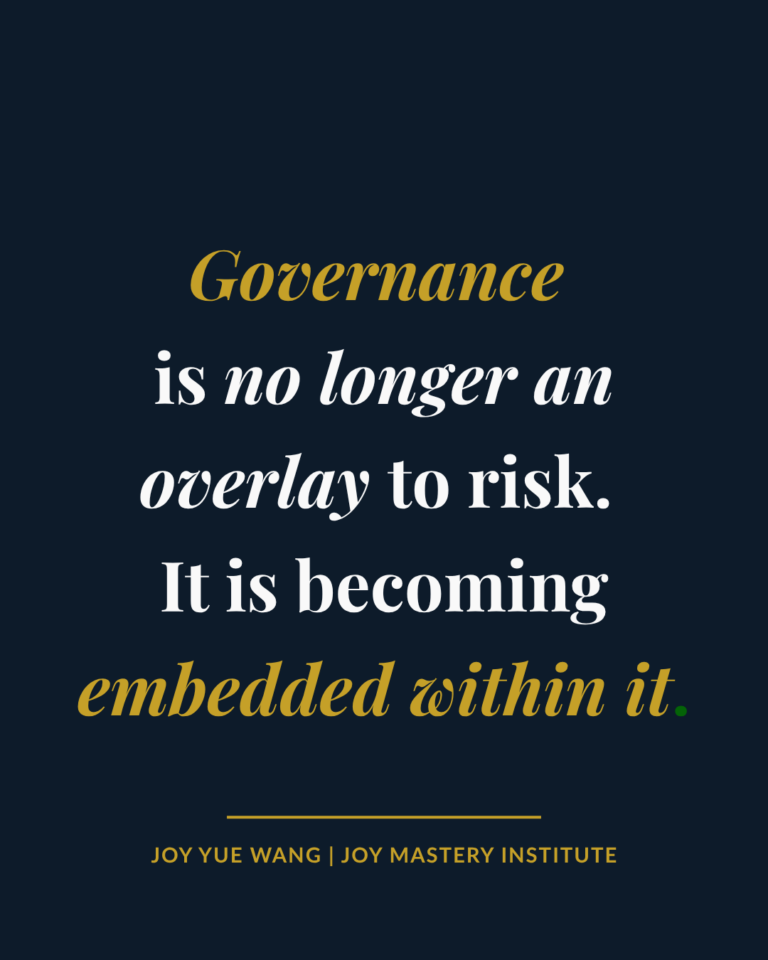 Quote card on navy background: ‘Governance is no longer an overlay to risk. It is becoming embedded within it’ — Joy Yue Wang on private credit, governance, and AI.