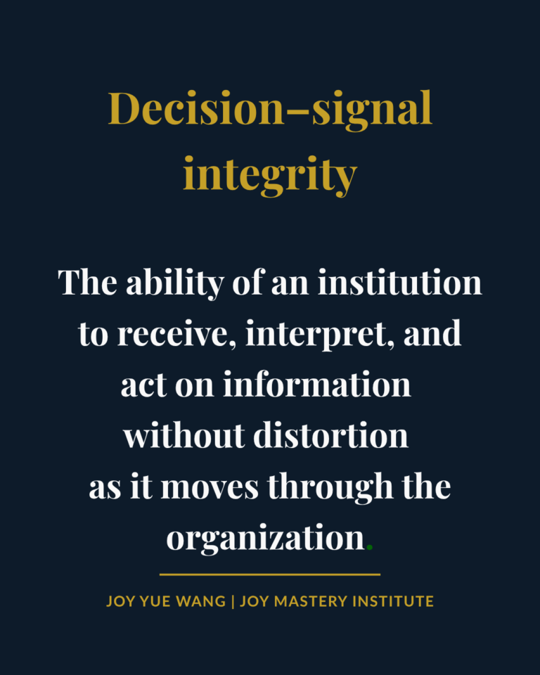 Decision-signal integrity as the ability of an organization to receive interpret and act on information without distortion, by Joy Yue Wang, Joy Mastery Institute, Sovereign Governance Under Acceleration