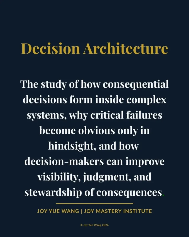 Decision Architecture is the study of how consequential decisions form inside complex systems, why critical failures become obvious only in hindsight, and how decision-makers improve visibility, judgment, and stewardship of consequences.