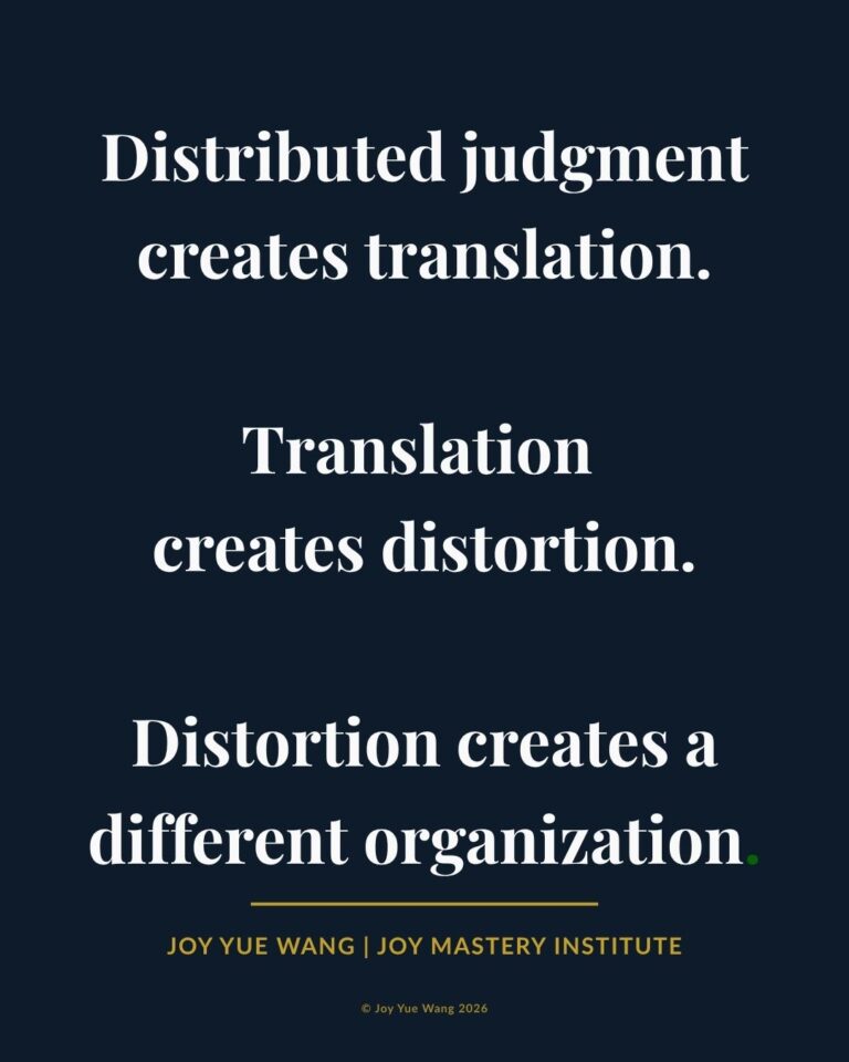 Quote card illustrating how distributed judgment creates translation, translation creates distortion, and distortion creates a different organization — Joy Yue Wang | Joy Mastery Institute