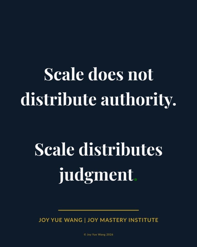 Quote card explaining that scale does not distribute authority but distributes judgment throughout an organization — Joy Yue Wang | Joy Mastery Institute